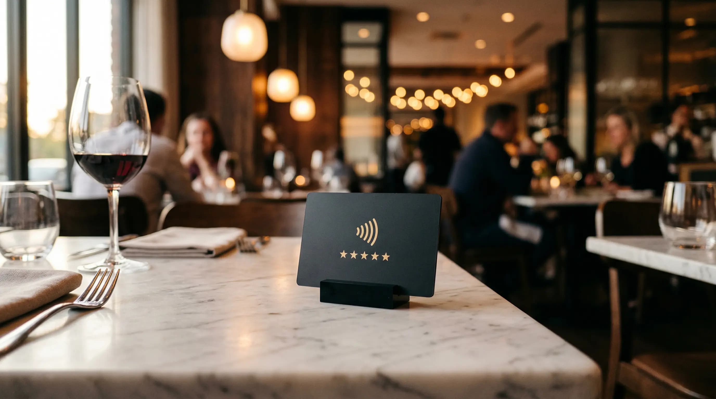 Review Filter Tischaufsteller im Restaurant — elegantes Design auf Marmortisch